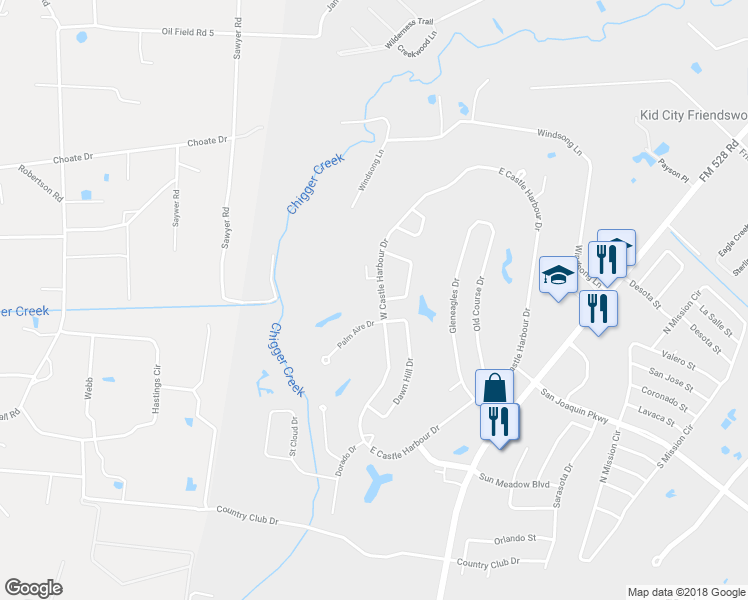 map of restaurants, bars, coffee shops, grocery stores, and more near 414 West Castle Harbour Drive in Friendswood