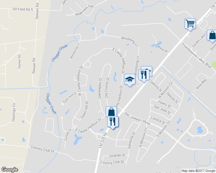 map of restaurants, bars, coffee shops, grocery stores, and more near 431 Old Course Drive in Friendswood