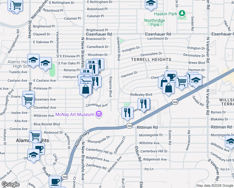 map of restaurants, bars, coffee shops, grocery stores, and more near 119 Greenwich Boulevard in San Antonio