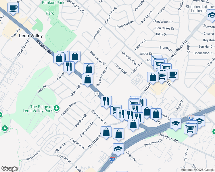 map of restaurants, bars, coffee shops, grocery stores, and more near 6011 Rue Liliane Street in Leon Valley