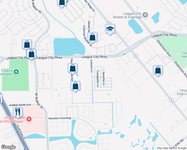 map of restaurants, bars, coffee shops, grocery stores, and more near 2023 Leisure Lane in League City