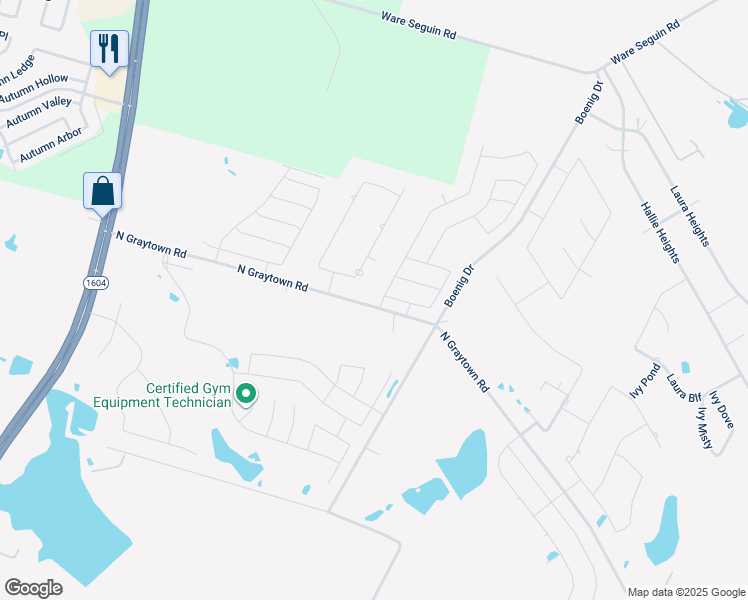 map of restaurants, bars, coffee shops, grocery stores, and more near 6643 North Graytown Road in Converse