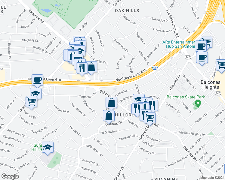 map of restaurants, bars, coffee shops, grocery stores, and more near 1415 Babcock Road in San Antonio