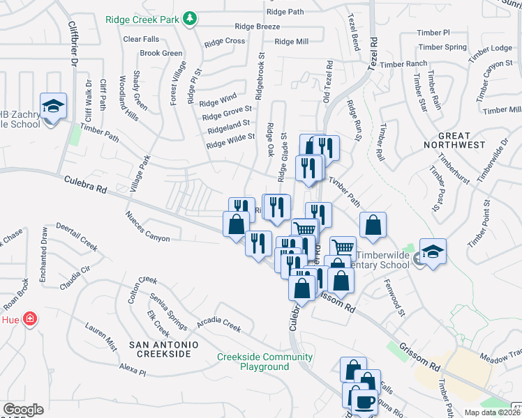 map of restaurants, bars, coffee shops, grocery stores, and more near 6003 Ridge Glade Street in San Antonio