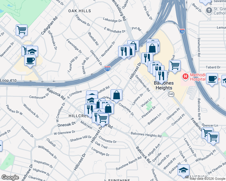 map of restaurants, bars, coffee shops, grocery stores, and more near 318 East Glenview Drive in San Antonio