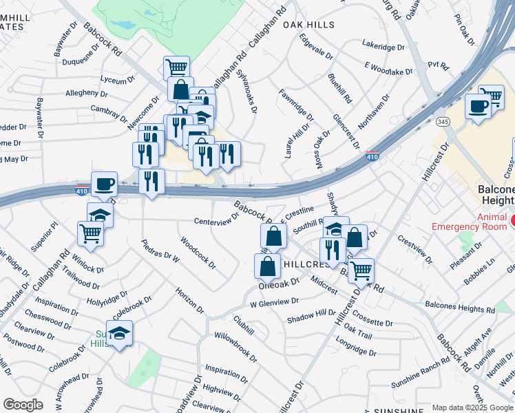 map of restaurants, bars, coffee shops, grocery stores, and more near 1462-1472 Babcock Road in San Antonio