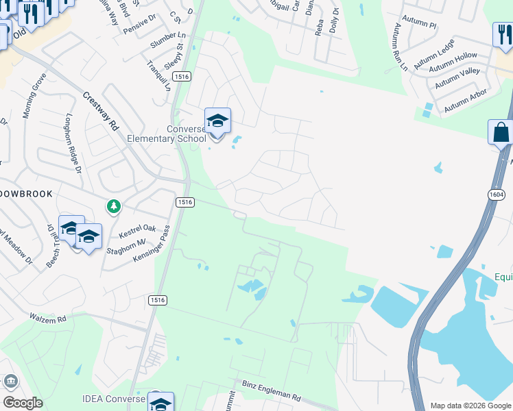 map of restaurants, bars, coffee shops, grocery stores, and more near 6494 Fm 1516 North in Converse