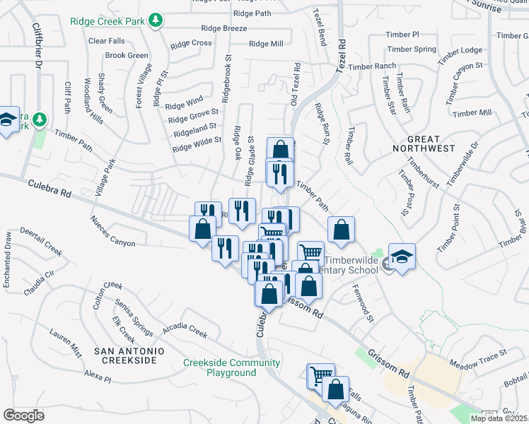 map of restaurants, bars, coffee shops, grocery stores, and more near 6000 Ridge Field Street in San Antonio