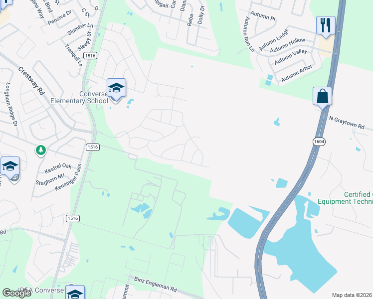 map of restaurants, bars, coffee shops, grocery stores, and more near 6534 Fm 1516 North in Converse