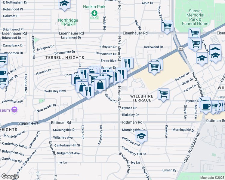 map of restaurants, bars, coffee shops, grocery stores, and more near 1258 Austin Highway in San Antonio