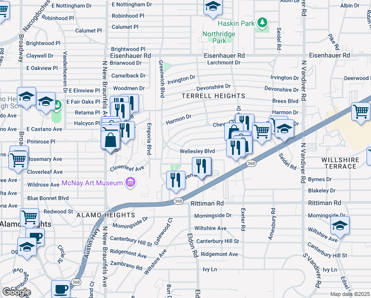 map of restaurants, bars, coffee shops, grocery stores, and more near 205 Wellesley Boulevard in San Antonio