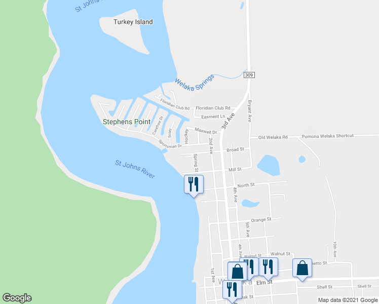 map of restaurants, bars, coffee shops, grocery stores, and more near 323 Broad Street in Welaka