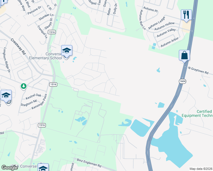 map of restaurants, bars, coffee shops, grocery stores, and more near 6534 Fm 1516 North in Converse