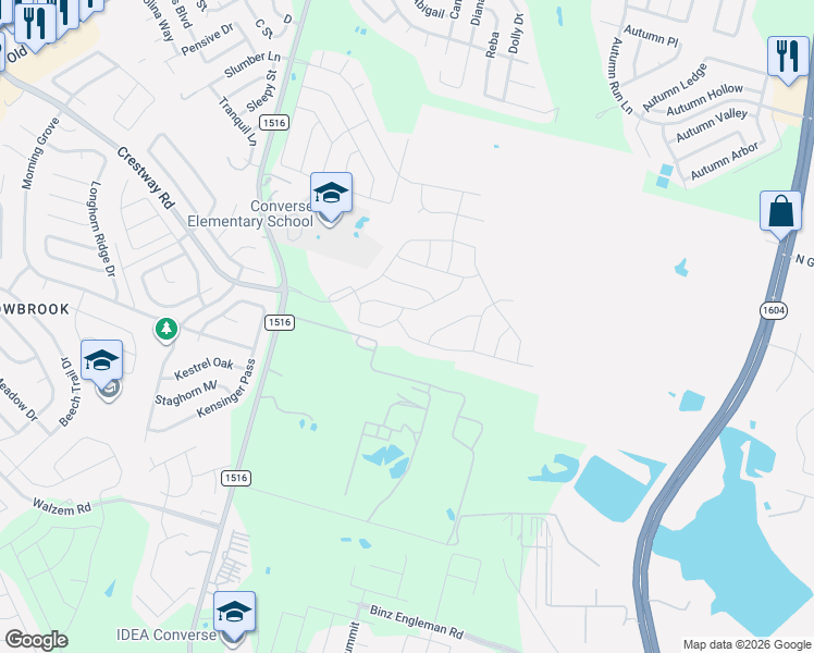 map of restaurants, bars, coffee shops, grocery stores, and more near 6494 Farm to Market 1516 in Converse