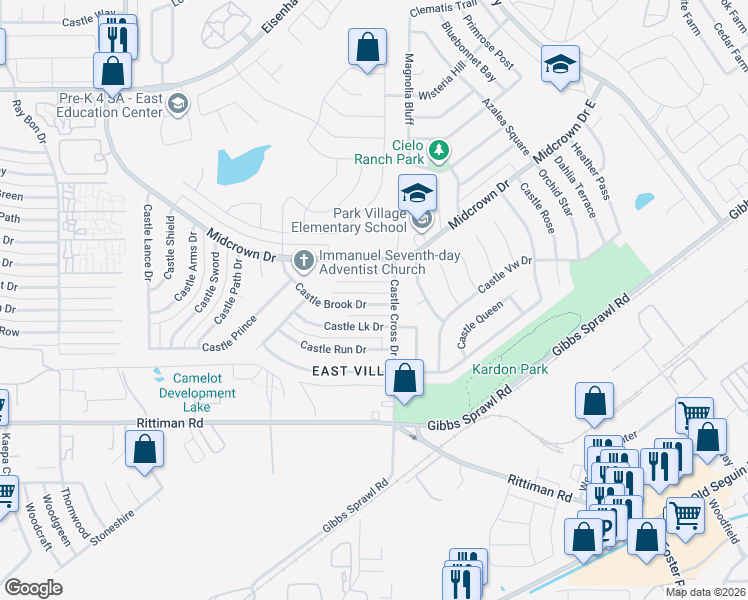 map of restaurants, bars, coffee shops, grocery stores, and more near 5845 Castle Brook Drive in San Antonio