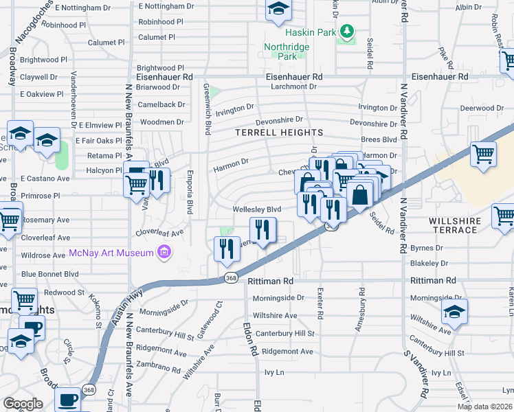 map of restaurants, bars, coffee shops, grocery stores, and more near 225 Wellesley Boulevard in San Antonio