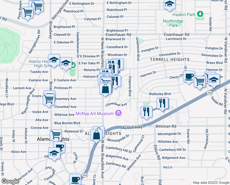 map of restaurants, bars, coffee shops, grocery stores, and more near 119 Pinecrest Boulevard in San Antonio