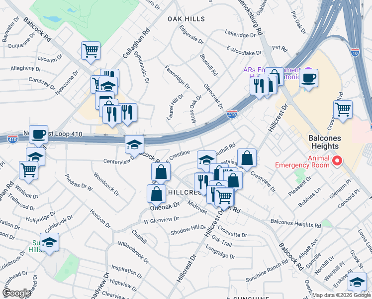 map of restaurants, bars, coffee shops, grocery stores, and more near 214 East Crestline in San Antonio