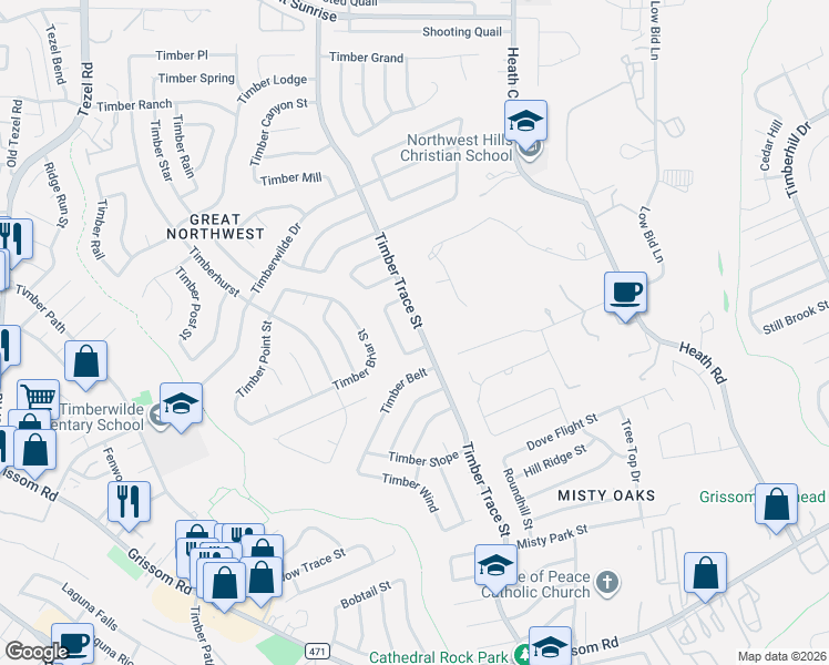 map of restaurants, bars, coffee shops, grocery stores, and more near 5102 Timber Trace Street in San Antonio