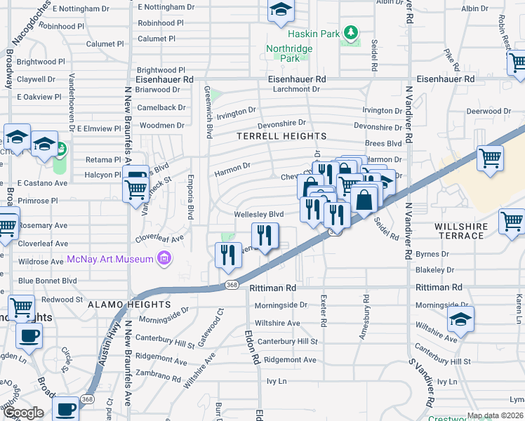 map of restaurants, bars, coffee shops, grocery stores, and more near 225 Wellesley Boulevard in San Antonio