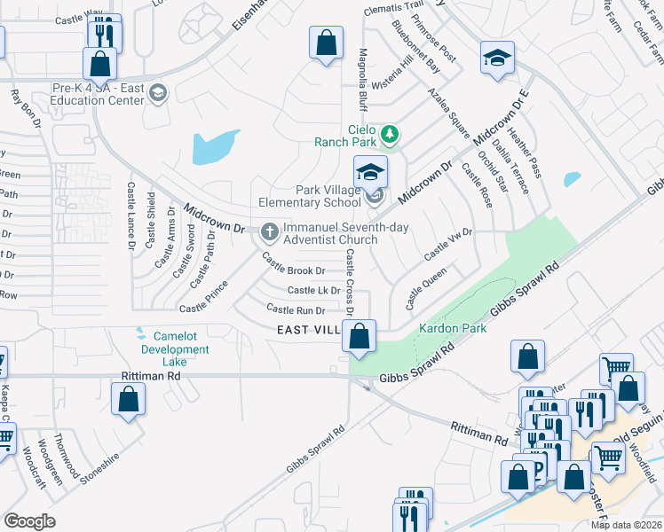 map of restaurants, bars, coffee shops, grocery stores, and more near 5845 Castle Brook Drive in San Antonio
