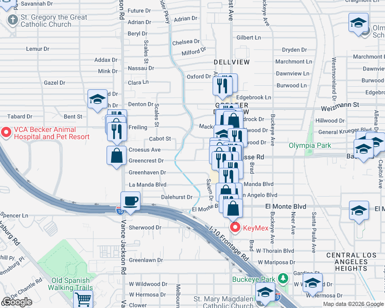 map of restaurants, bars, coffee shops, grocery stores, and more near 2203 Greencrest Drive in San Antonio