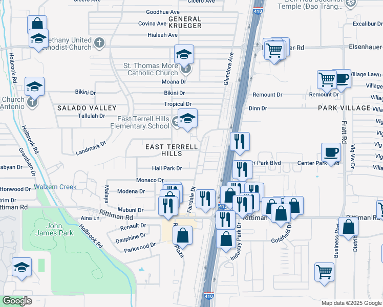 map of restaurants, bars, coffee shops, grocery stores, and more near 4433 Hall Park Drive in San Antonio