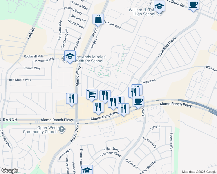 map of restaurants, bars, coffee shops, grocery stores, and more near 5627 Wayne Path in San Antonio