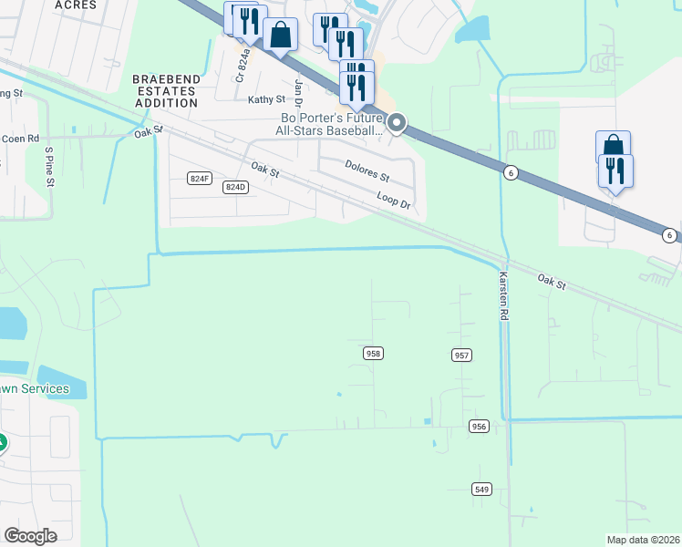 map of restaurants, bars, coffee shops, grocery stores, and more near 6610 Clara Lane in Rosharon