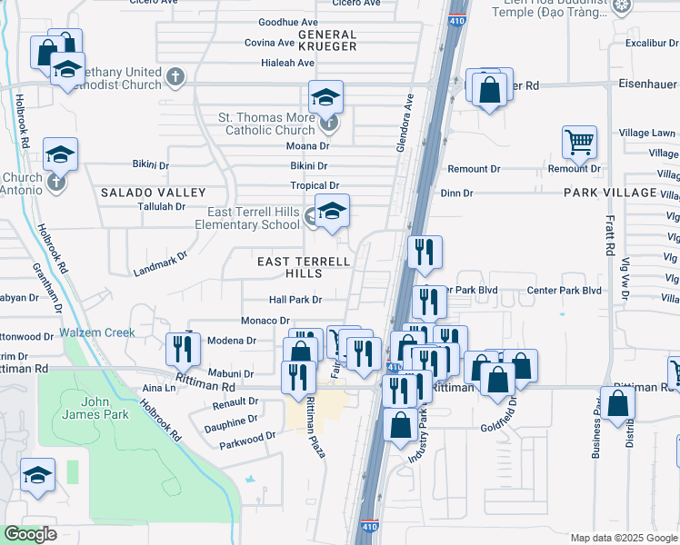 map of restaurants, bars, coffee shops, grocery stores, and more near 4433 Hall Park Drive in San Antonio