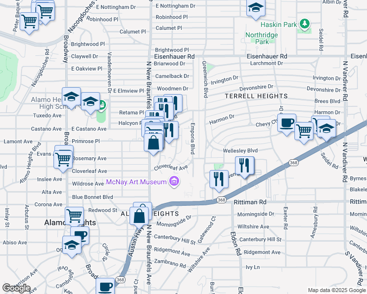 map of restaurants, bars, coffee shops, grocery stores, and more near 119 Pinecrest Boulevard in San Antonio