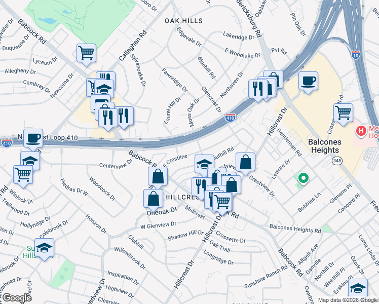 map of restaurants, bars, coffee shops, grocery stores, and more near 214 East Crestline Drive in San Antonio