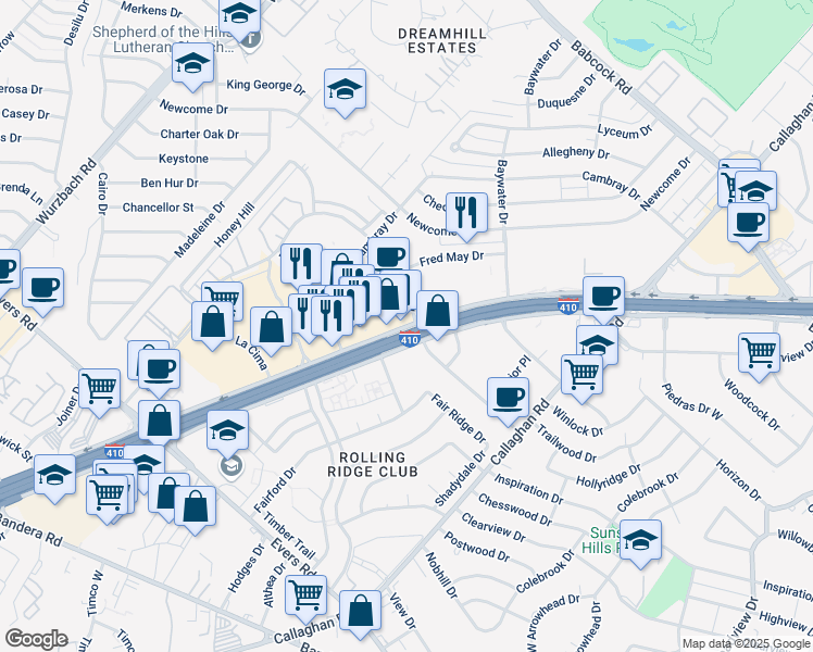 map of restaurants, bars, coffee shops, grocery stores, and more near 4903 Northwest Loop 410 in San Antonio