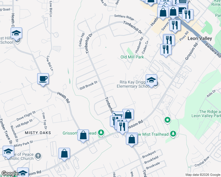map of restaurants, bars, coffee shops, grocery stores, and more near 7206 Marble Creek Drive in San Antonio