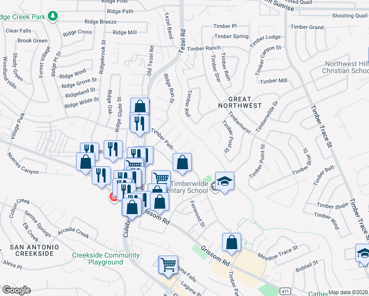 map of restaurants, bars, coffee shops, grocery stores, and more near 8830 Timbercliff Street in San Antonio