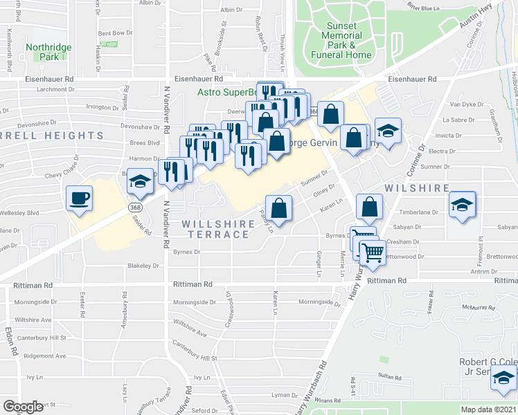 map of restaurants, bars, coffee shops, grocery stores, and more near Sumner Dr & Pansy Ln in San Antonio
