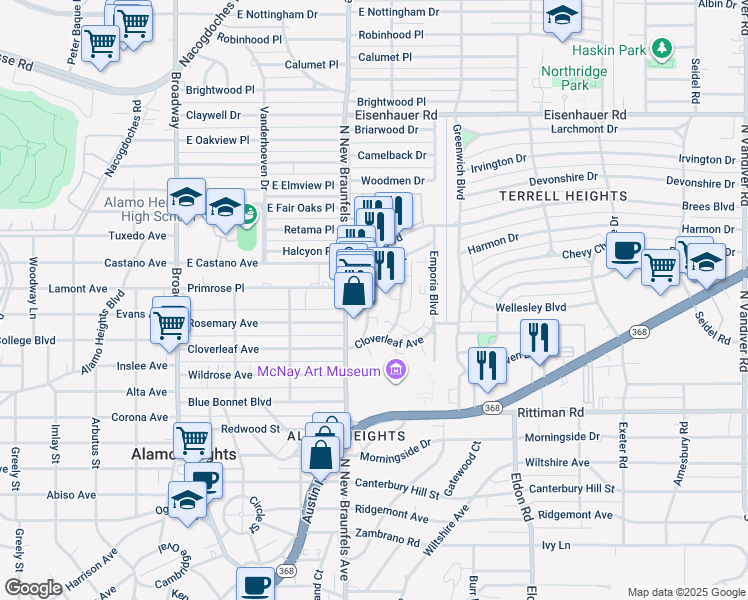 map of restaurants, bars, coffee shops, grocery stores, and more near 116 Vanderheck Street in San Antonio
