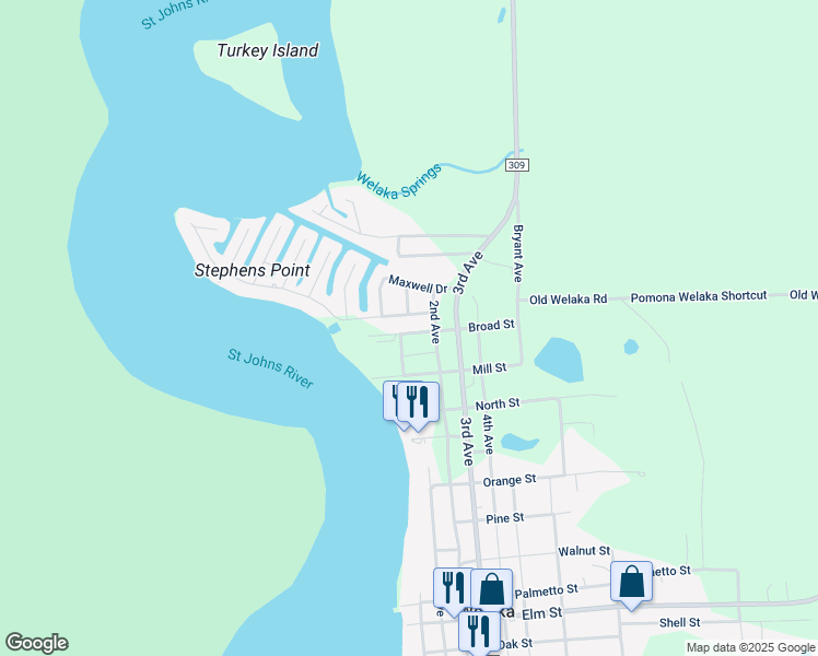 map of restaurants, bars, coffee shops, grocery stores, and more near 322 Broad Street in Welaka