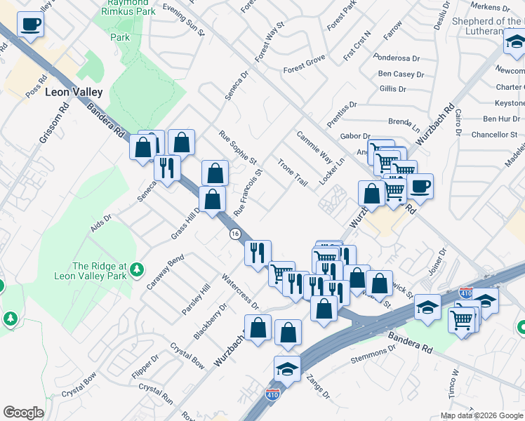 map of restaurants, bars, coffee shops, grocery stores, and more near 6011 Rue Liliane Street in Leon Valley