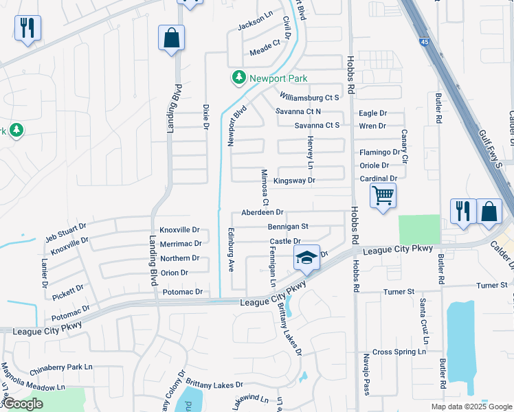 map of restaurants, bars, coffee shops, grocery stores, and more near 2129 Aberdeen Drive in League City
