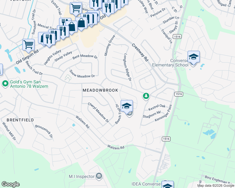 map of restaurants, bars, coffee shops, grocery stores, and more near 6439 Beech Trail Drive in Converse