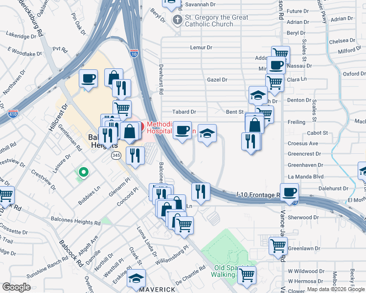 map of restaurants, bars, coffee shops, grocery stores, and more near 6800 Park Ten Boulevard in San Antonio