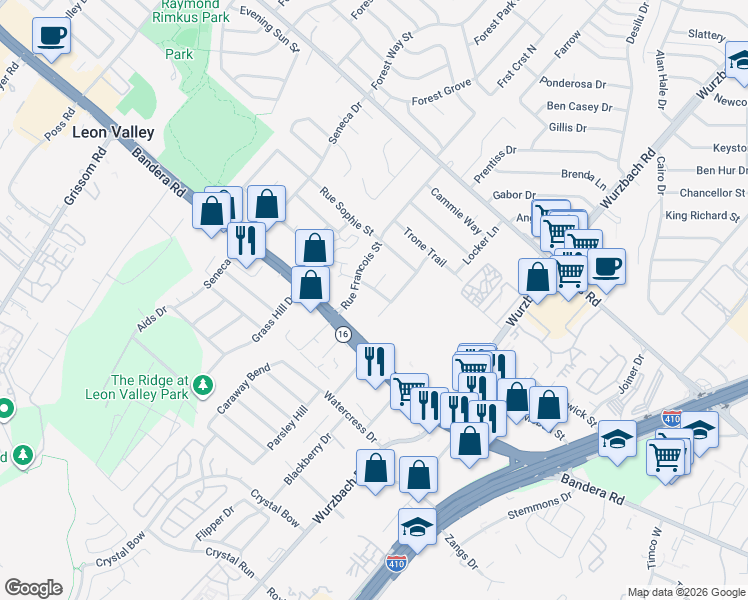 map of restaurants, bars, coffee shops, grocery stores, and more near 6011 Rue Liliane Street in Leon Valley