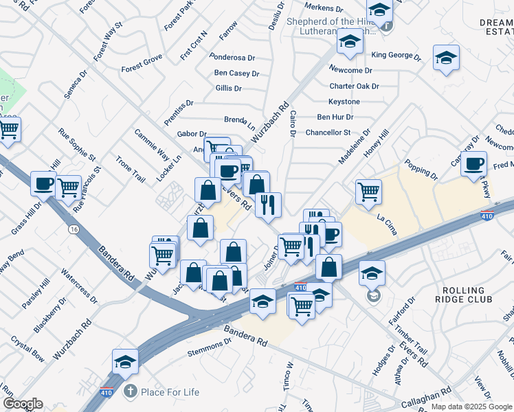 map of restaurants, bars, coffee shops, grocery stores, and more near 102 Evers Road in San Antonio