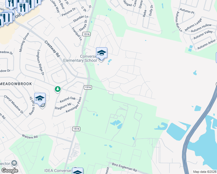map of restaurants, bars, coffee shops, grocery stores, and more near 6494 Farm to Market 1516 in Converse
