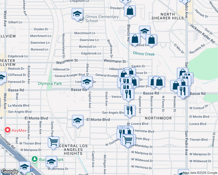 map of restaurants, bars, coffee shops, grocery stores, and more near 1638 Basse Road in San Antonio