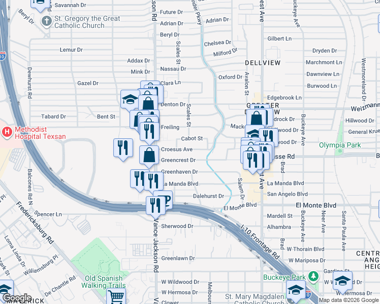 map of restaurants, bars, coffee shops, grocery stores, and more near 2403 Greencrest Drive in San Antonio