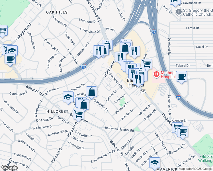 map of restaurants, bars, coffee shops, grocery stores, and more near 205 Leisure Drive in San Antonio