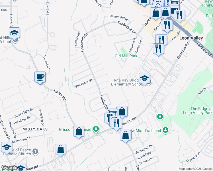 map of restaurants, bars, coffee shops, grocery stores, and more near 7206 Marble Creek Drive in San Antonio