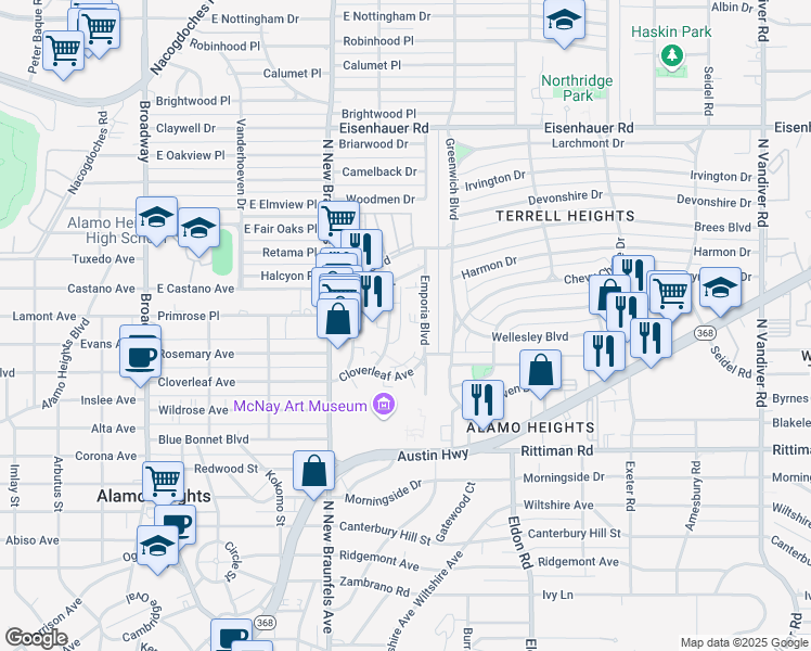 map of restaurants, bars, coffee shops, grocery stores, and more near 311 West Nottingham Drive in San Antonio